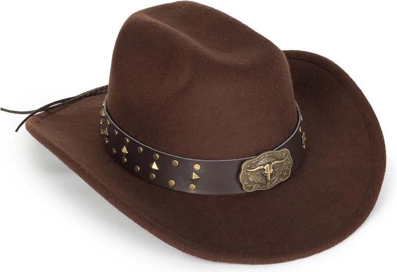 FGSS Classic-Western-Cowboy-Hat Upturn-Brim Felt-Cowgirl-Hat Rodeo-Hats with Belt for Women Men (Fit for 22.4-23.2") - Image 1